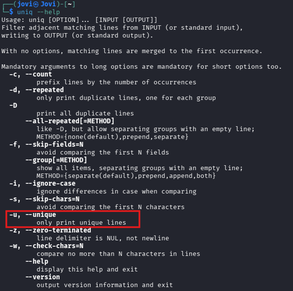 Uniq command help page