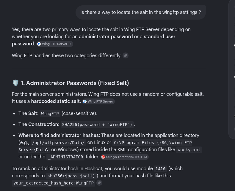 AI overview answer of location of salt in wingftp