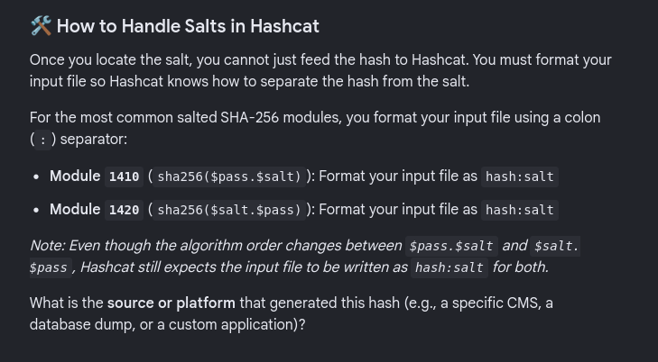 AI overview answer of hashcat salt handling