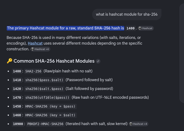 AI overview answer of SHA-256 hashcat modules